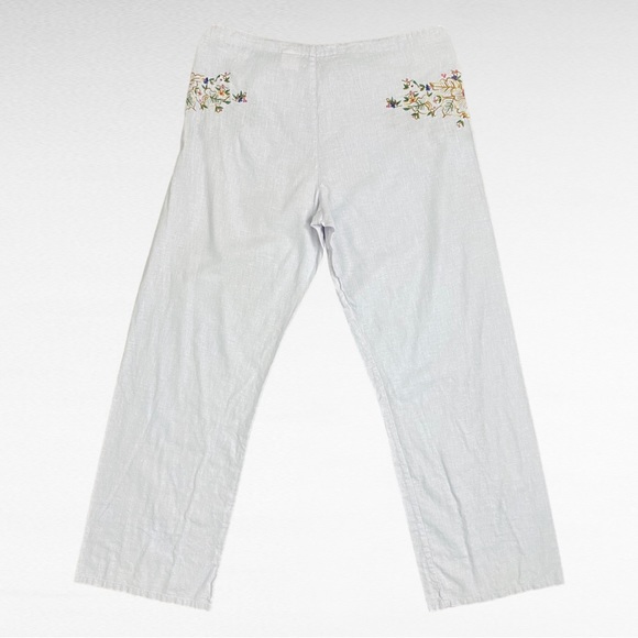 VINTAGE | BONGO Cotton White Linen Blend Embroidered Coastal Drawstring Pants - Picture 7 of 11